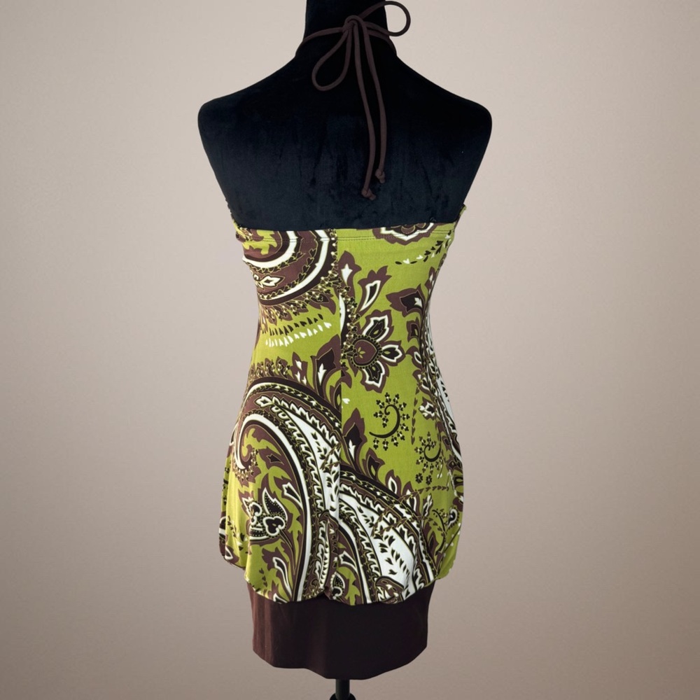 Vintage City Triangles Green Paisley Strapless Halter Tank with Brown Trim - Picture 5 of 13